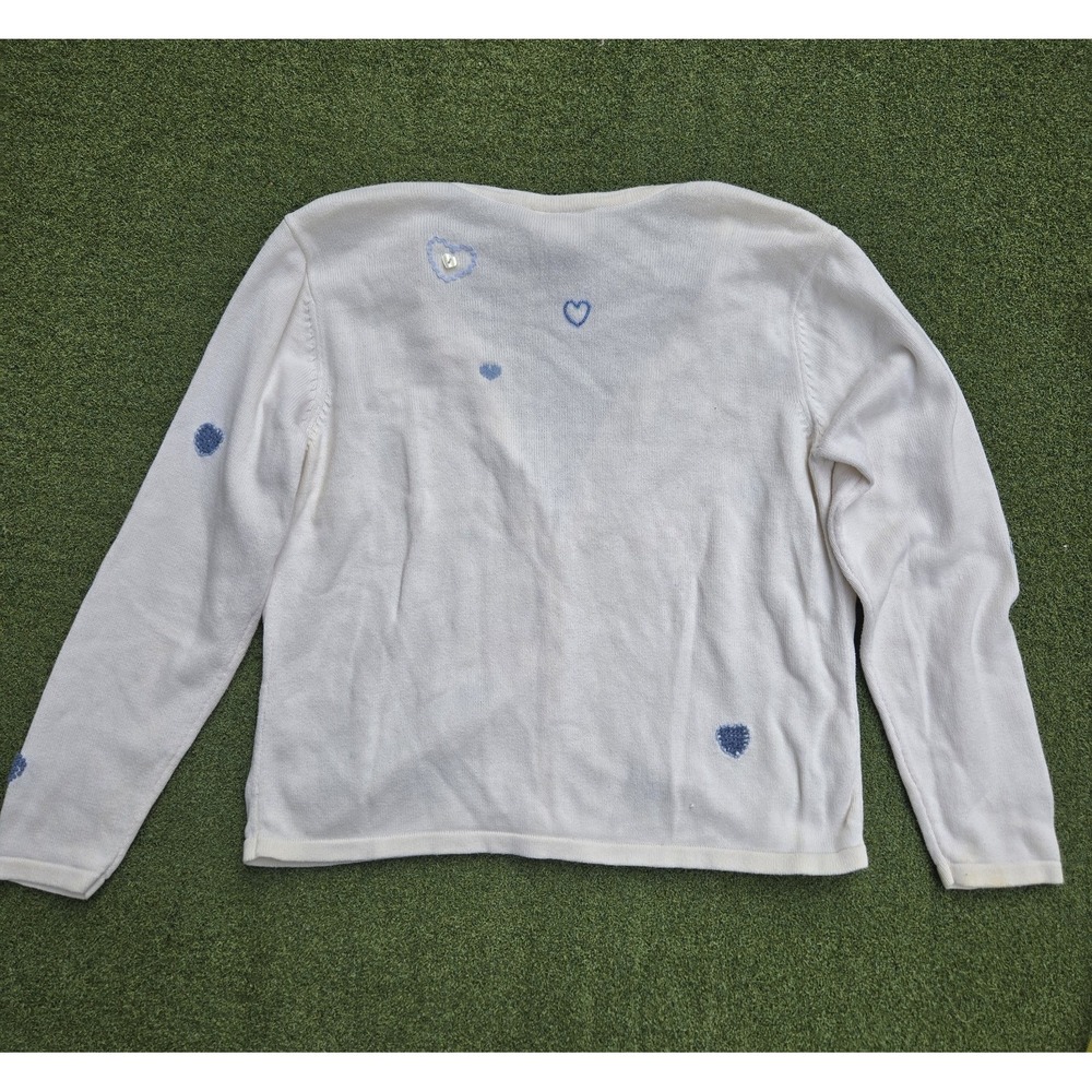 Women Heart Print Cardigan Sweater Light Gray Blue Hearts Button Front Knit M - Picture 8 of 11